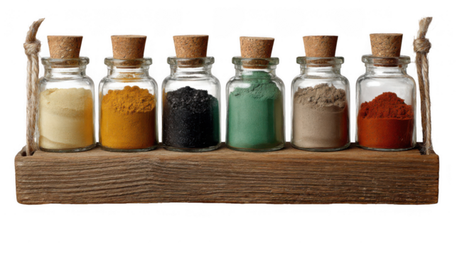 Six glass jars filled with colorful spices, closed with cork stoppers, sit on a rustic wooden shelf suspended by twine, set against a transparent background