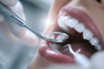 Close-up side view of a dental cleaning in progress, with gloved hands using tools inside a patient’s open mouth in a bright modern clinic setting.
