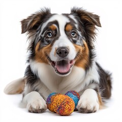 Playful Australian Shepherd Puppy with Colorful Knot Toy. Joyful and Inquisitive Canine Portrait in Studio