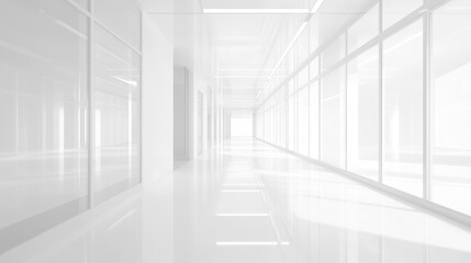 Fototapeta premium Empty, modern hallway with bright, white walls and windows.