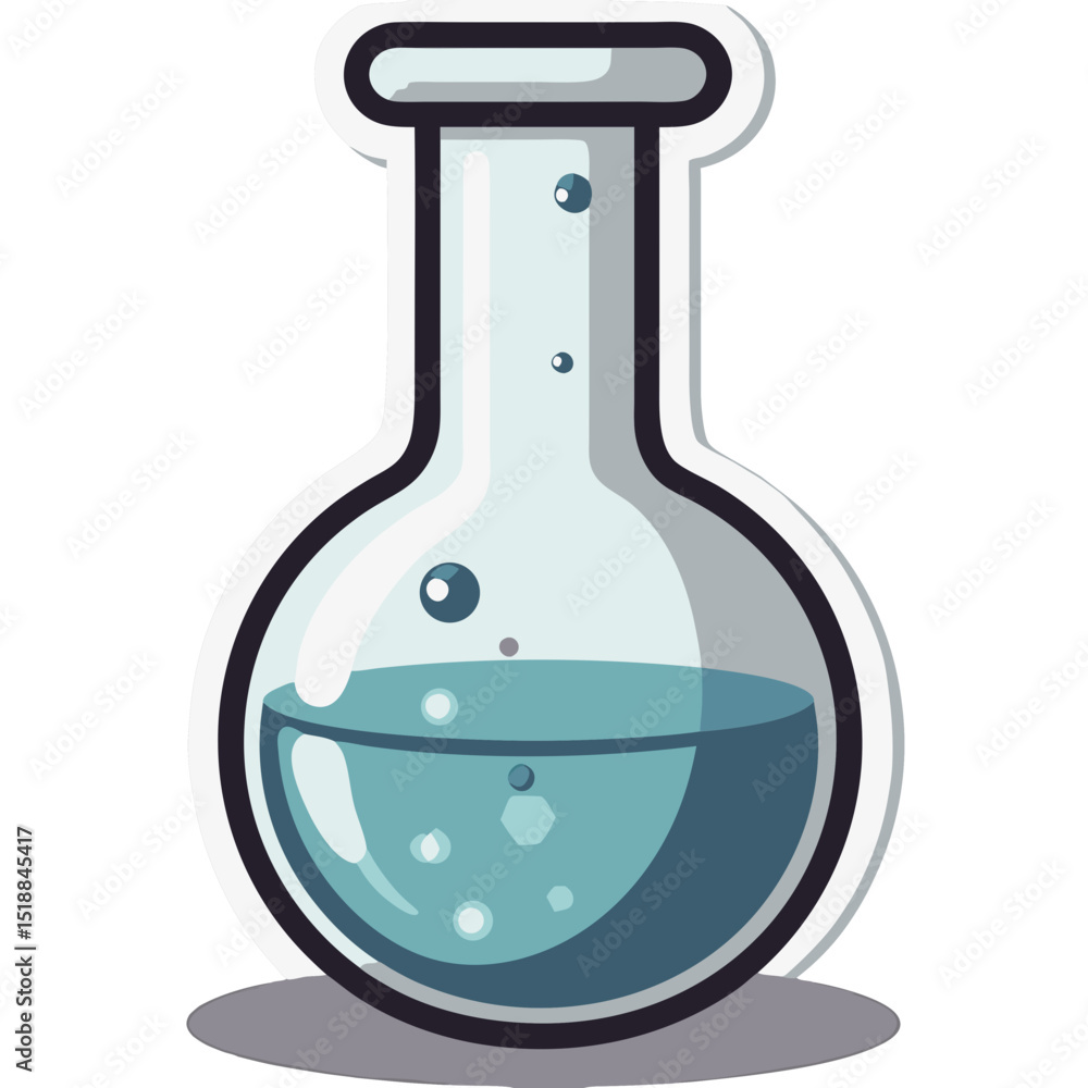 Poster digital illustration of a round-bottom flask containing liquid with bubbles isolated on black