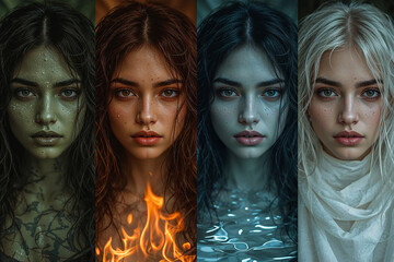 Fantasy Portrait Series of Four Women Representing Elements: Fire, Water, Earth, and Air — Surreal Realistic Female Faces with Elemental Themes and Emotional Expressions
