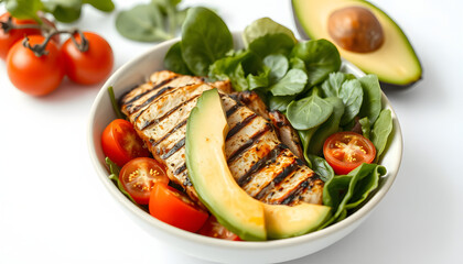 Juicy grilled chicken with crisp mixed greens, ripe tomatoes, creamy avocado, and tender spinach. Nutritious detox meal. Keto-friendly Buddha bowl on clean white backdrop., magazine photoshoot. isol