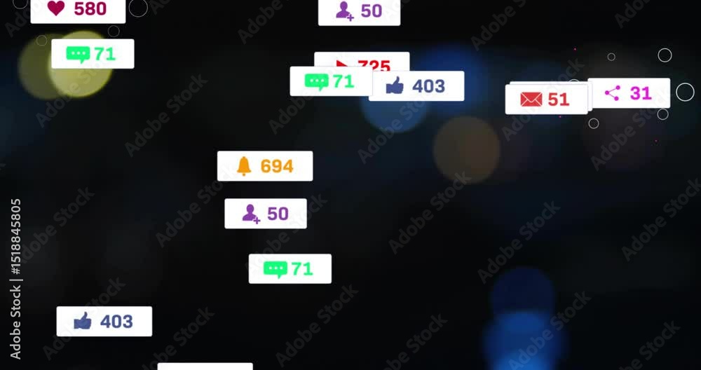 Poster mobile ui icons fading in floating notifications updating counts on bokeh showing engagement growth