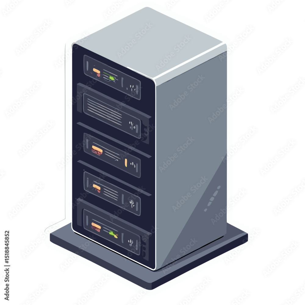 Poster isometric illustration of a computer server rack on a black background