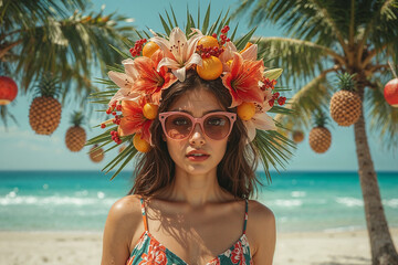 Stylish Young Woman with Floral Crown on Tropical Beach - Retro Summer Fashion and Tropical Vibes