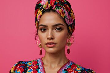 Confident Woman Wearing Vibrant Floral Headscarf and Traditional Earrings on Pink Background