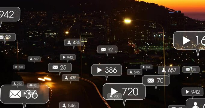 Play icon appearing sparking social icons updating around cars driving downhill to show growth