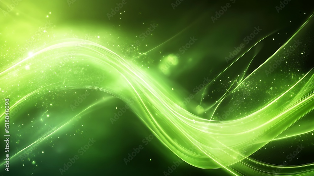 Poster abstract design with luminous green lines and glittering particles.