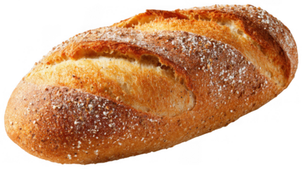 Close up of a freshly baked loaf of multigrain bread, featuring a rough, rustic surface covered with various grains and seeds, isolated on a transparent background