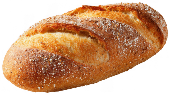 Close up of a freshly baked loaf of multigrain bread, featuring a rough, rustic surface covered with various grains and seeds, isolated on a transparent background