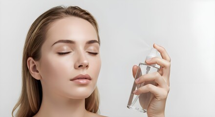 Woman Spraying Facial Mist, Skincare and Beauty Routine Concept, Makeup product advertising model