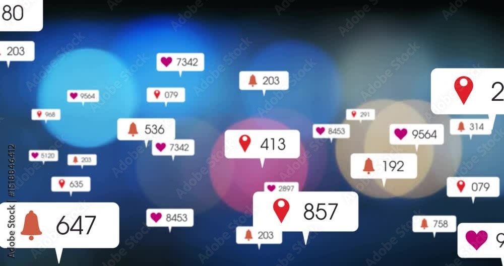 Poster notification bubbles spawning from pin and heart updating while floating fading showing engagement