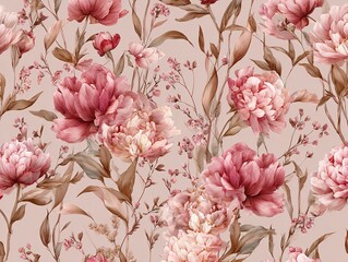 A seamless pattern of abstract dusty pink peonies and wild flowers painted in watercolor. A floral wallpaper pattern in watercolor. A botanical pattern painted in watercolor for wedding invitations
