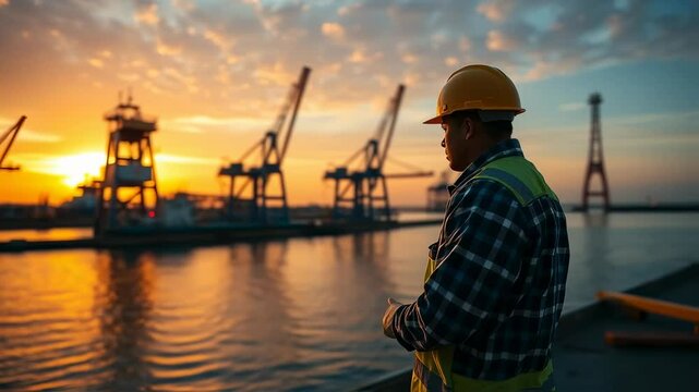 Dock worker surveys container port at sunset industrial logistics trade