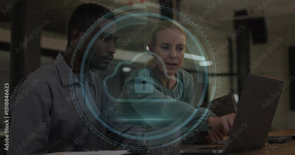 Poster cyber security label appearing prompts pair pointing screen rotating ui cloud lock icon for review