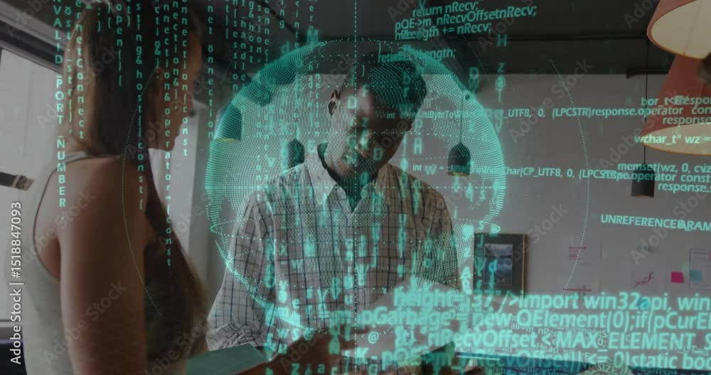 Poster girl pointing at document initiating man collaborating on plans with rotating code globe
