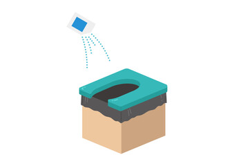 凝固剤を振りかけている簡易トイレのイラスト