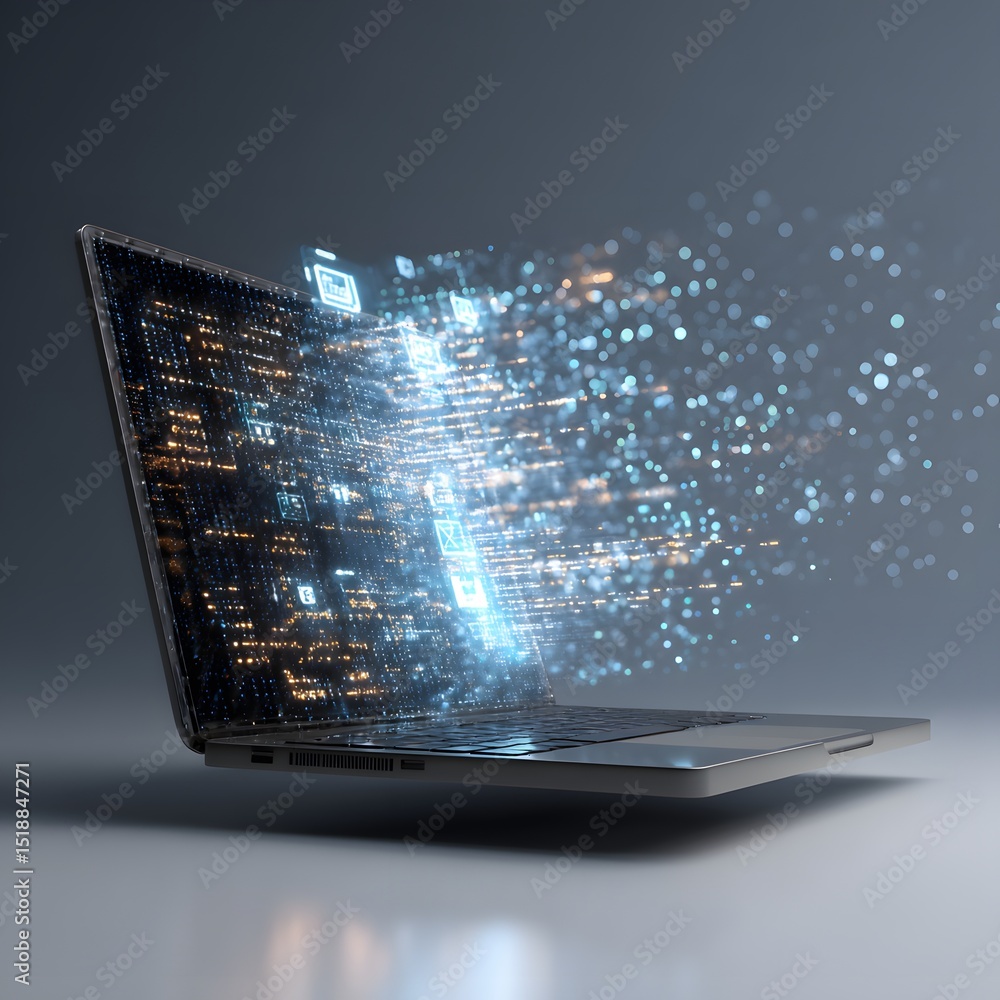 Poster futuristic laptop display emitting radiant code fragments and floating icons visually isolated on da
