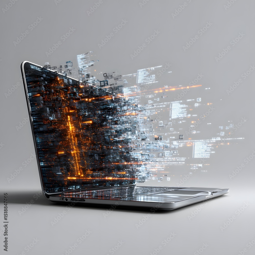 Poster modern laptop interface glowing with vibrant programming icons and code visually isolated on white b