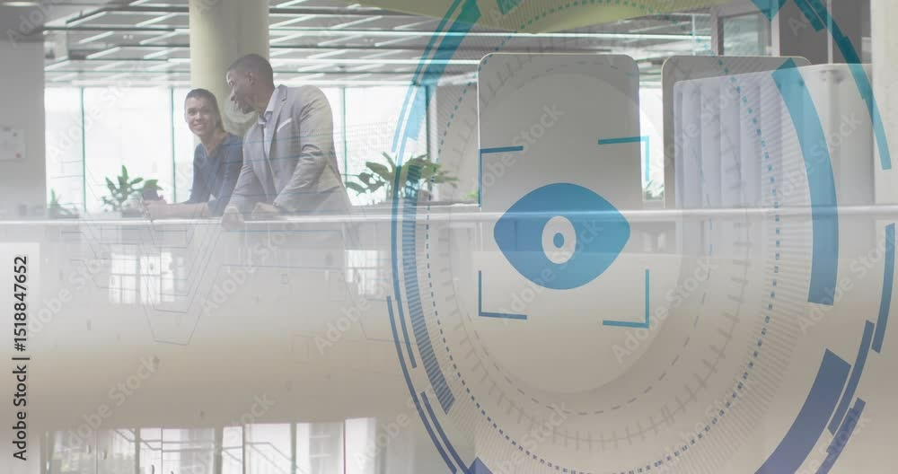 Poster advancing camera initiating eye icon scan in atrium, revealing colleagues at railing conversing