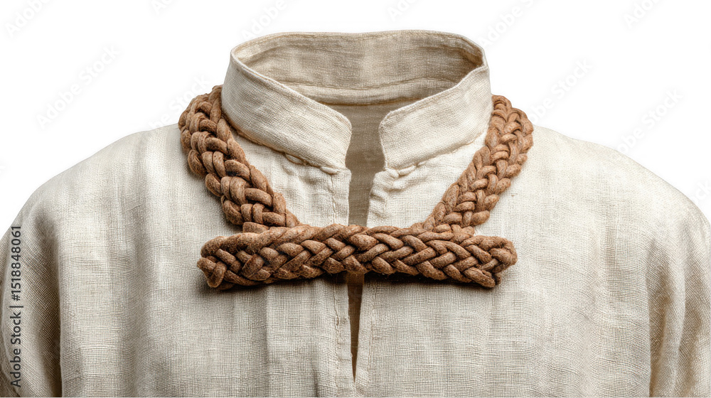 Poster cream linen shirt with a unique raffia belt, creating a stylish and natural look, perfect for showca