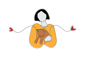 Young girl holding a cat continuous line art drawing. Hugging a cat with love background. Vector illustration