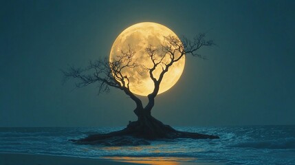 A solitary tree stands on a small island, silhouetted against a large, bright full moon rising over dark ocean waves