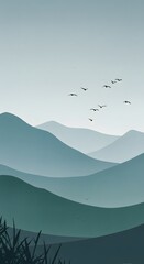 Serene Mountain Landscape with Birds in Flight Minimalist Art Background