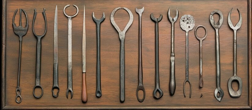 Antique veterinary instruments on a wooden background displaying surgical tools