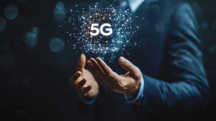 Digital 5G network held aloft by a person's hands.