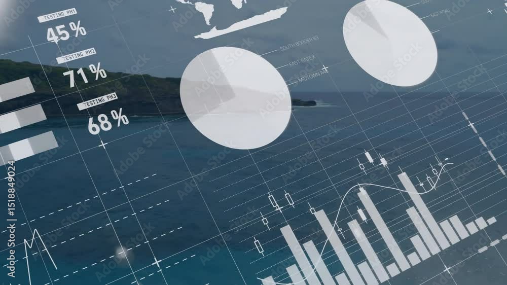 Poster hud overlaying seascape starting data animation dropping gauges emerging charts visualizing shifts
