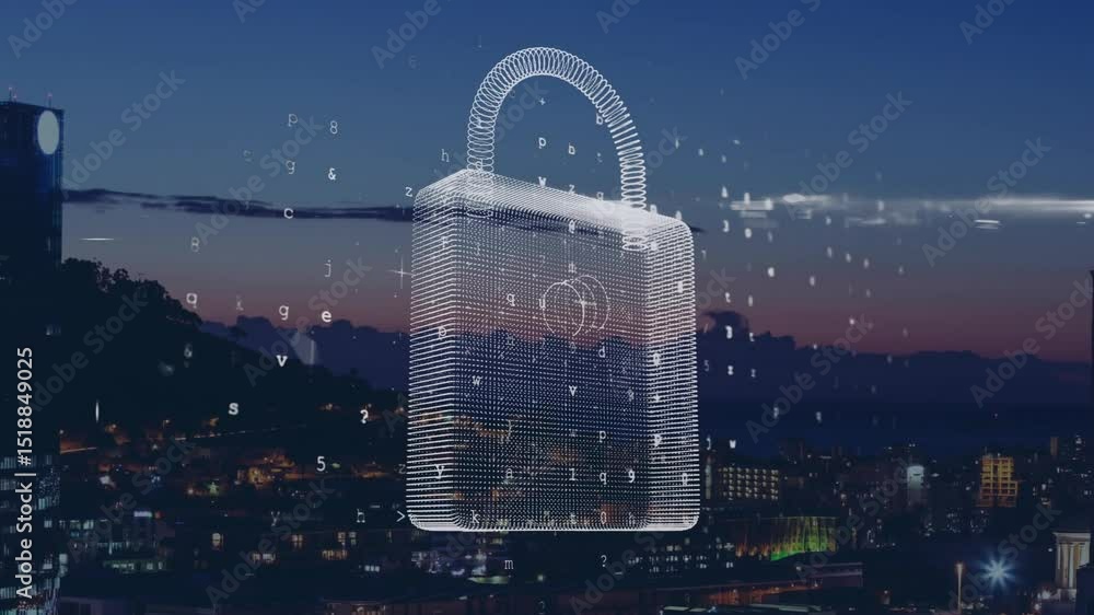 Poster data fragments appearing over dusk skyline forming digital lock, streams orbiting showing security