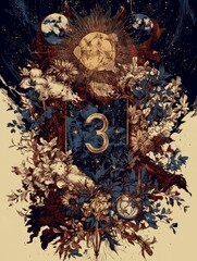 A painting of the number 3 surrounded by flowers and stars