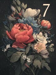 A flowery drawing of a bouquet with the number 7 in the center