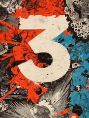 The number 3 is written in red and white on a colorful background