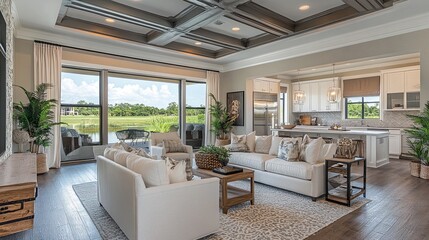Bright living room with white sofas and view of lake and golf course in luxury home interior