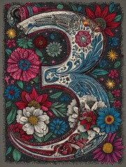 A colorful flowery number 3 is drawn in a flowery style
