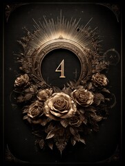 A gold framed card with a flowery border and the number 4 in the center