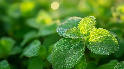 Close-up view of fresh mint leaves covered in morning dew.