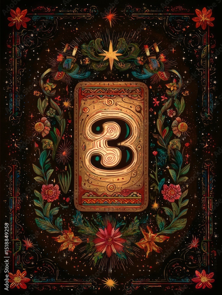 Poster a colorful card with a flowery border and a number 3 in the center