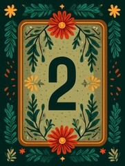 A green card with a flowery border and a number 2 in the middle