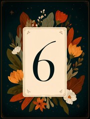 A card with a flowery border and the number 6 in the center