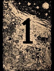 A black and white drawing of a forest with a skull and a number 1