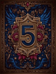 A blue and gold card with a flowery design and the number 5 on it