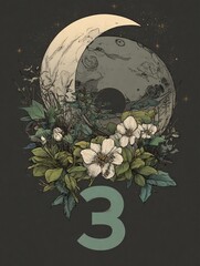A painting of a moon and flowers with the number 3 on it