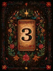 A colorful card with a flowery border and a number 3 in the center