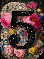 A black and white floral design with the number 5 in the center