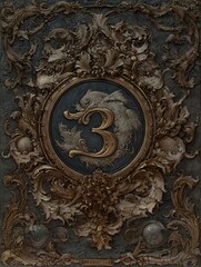 A gold and silver framed piece of art with a number 3 on it