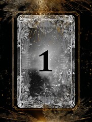 A black and white card with a gold border and the number 1 on it